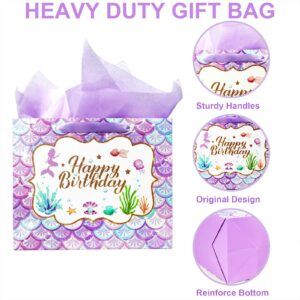 12.6" Mermaid Happy Birthday Gift Bag Set with Greeting Card and Tissue Papers for Girls, Women