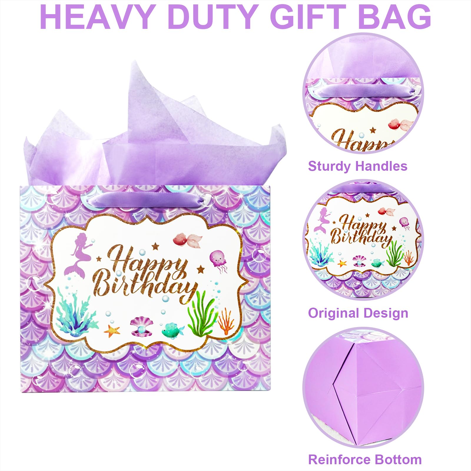 12.6" Mermaid Happy Birthday Gift Bag Set with Greeting Card and Tissue Papers for Girls, Women