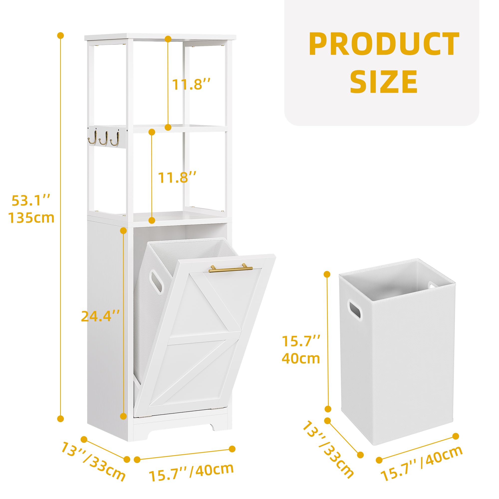 DWVO Tilt Out Laundry Hamper, Hidden Laundry Hamper Cabinet and 3-Tier Storage Shelves with Removable Laundry Basket 53" Tall Bathroom Storage Organizer for Sleeping Room, Laundry Room, White