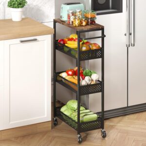 xyzlvsi slim storage cart 4 tier fruit and vegetable baskets for kitchen small space, narrow rolling cart on wheels with wooden top and metal handle for pantry, bathroom, laundry room