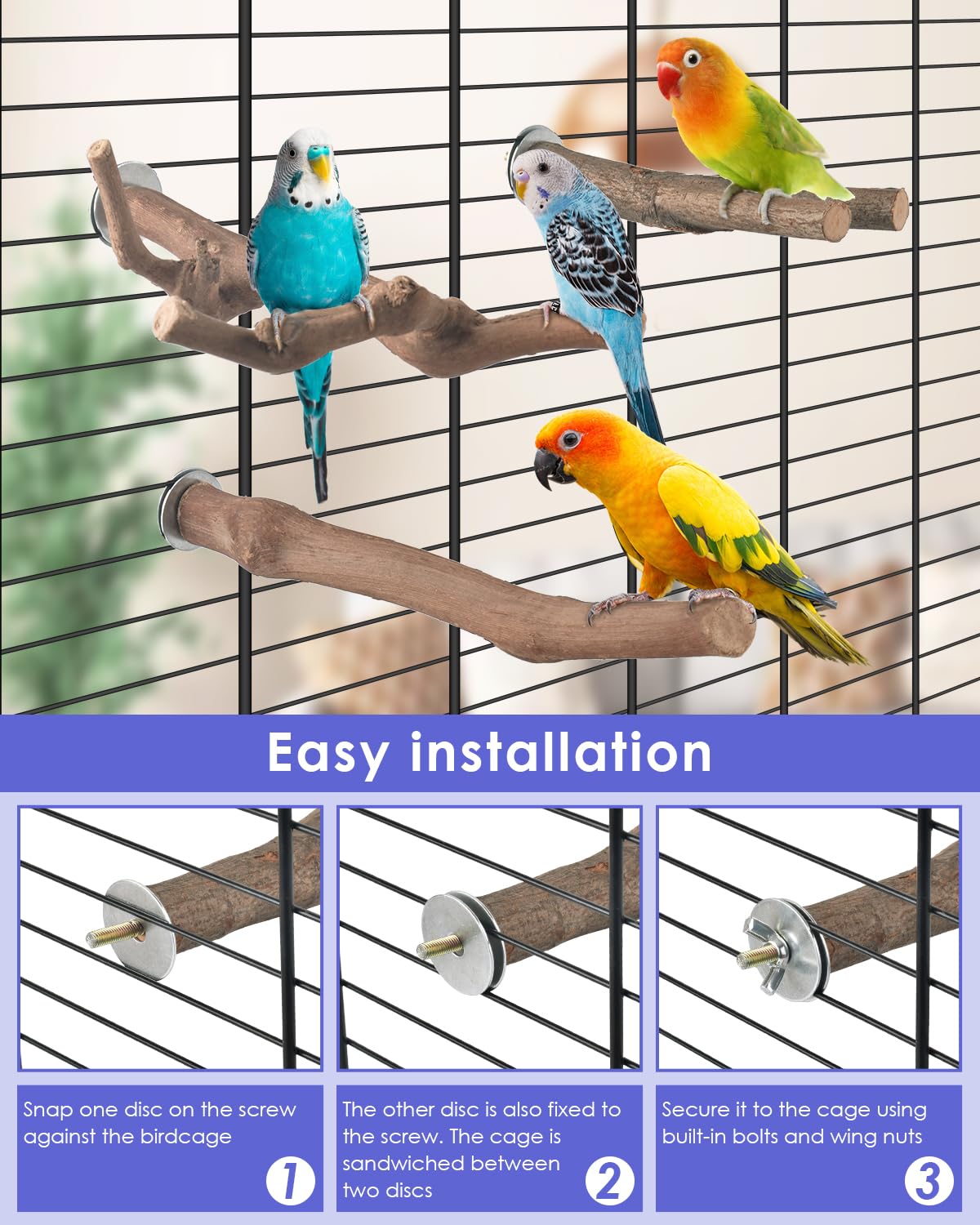 Bissap Bird Perch Stand 7PCS, Natural Grape Wood Pole Standing Parrot Cage Branch Paw Grinding Fork Parakeet Platform Hammock for Conures Budgies Finches Cockatiels Small Birds Exercise Training