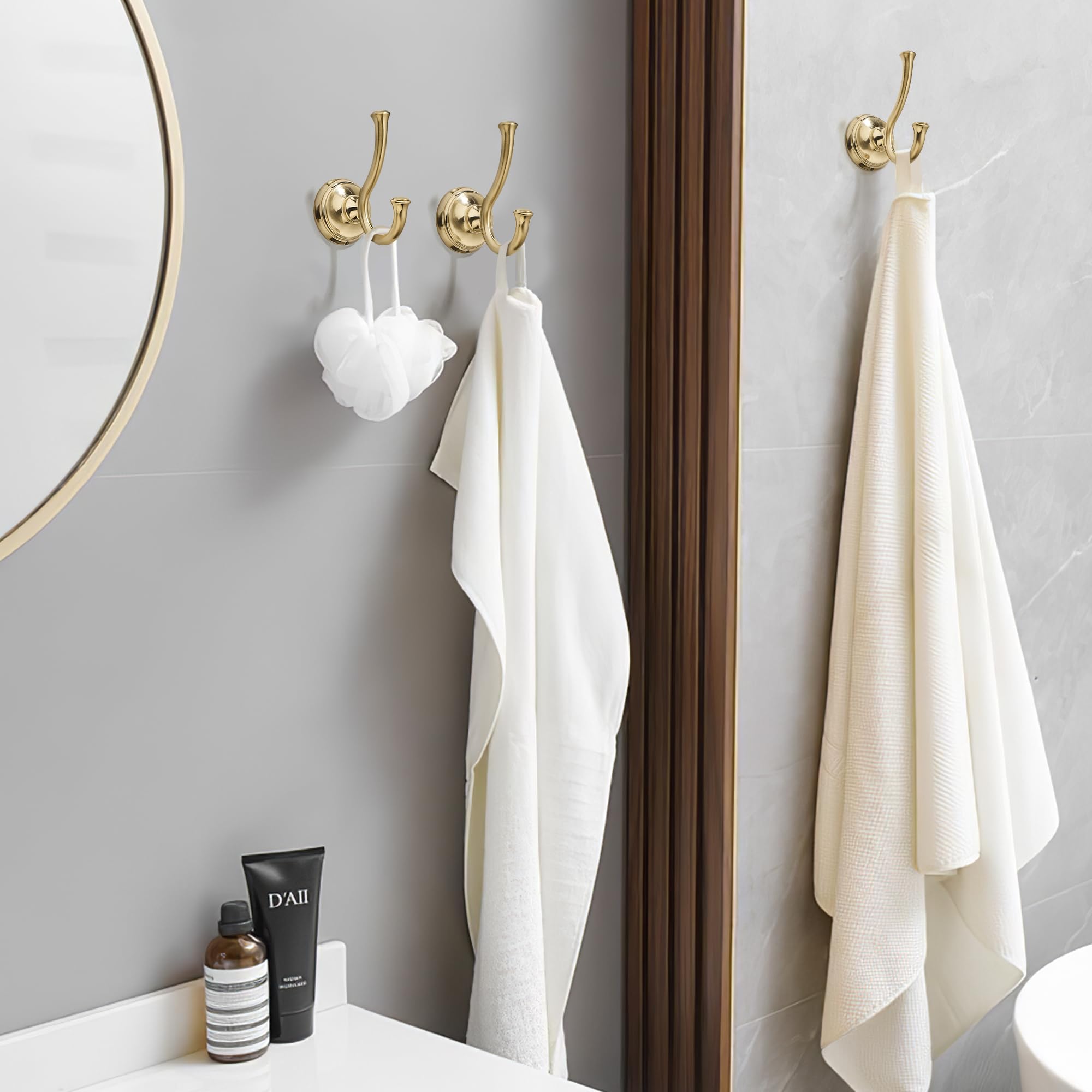 TUNNY Towel Hook Bathroom-2 Pack Champagne Gold Brushed Double Robe/Towel Hook Wall Mounted Hook for Bathroom Bedroom Kitchen