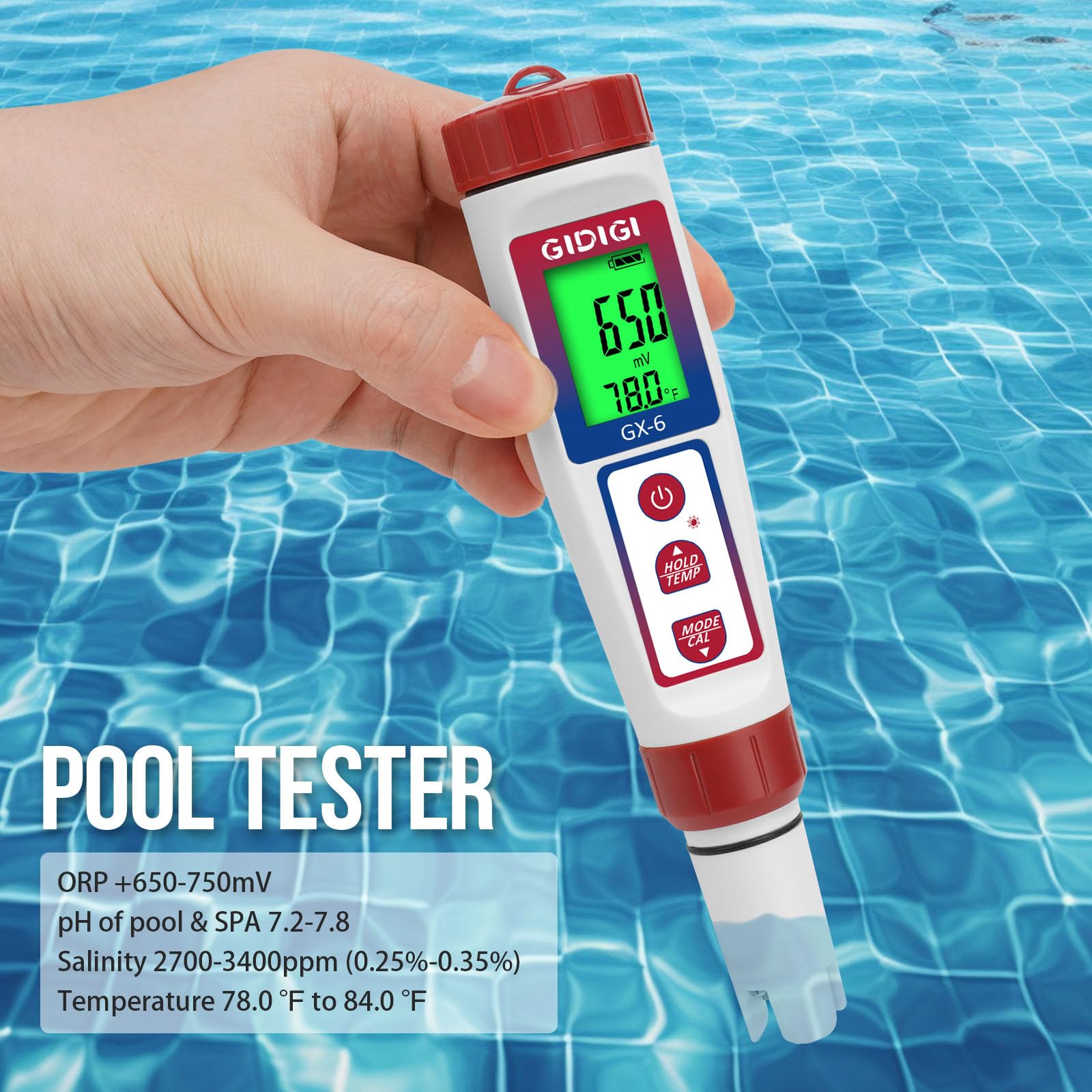 GIDIGI Digital pH Salinity Tester, 6 in 1 Salt pH TDS EC Temp ORP Meter, Multifunction pH Tester for Aquariums Pools, Spa, Hot Tub, Hydroponic, Drinking Water, Home Brewing etc