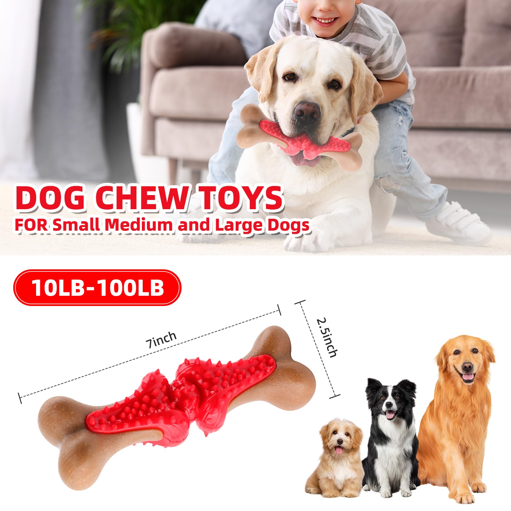 JUSTYEZI Dog Chew Toy for Large Dogs, Rubber Bone Dog Toys for Aggressive Chewers Large Breed, Teething Chew Toys Medium Dogs, Interactive Dental Health Aid, Supports Healthy Chewing Behavior