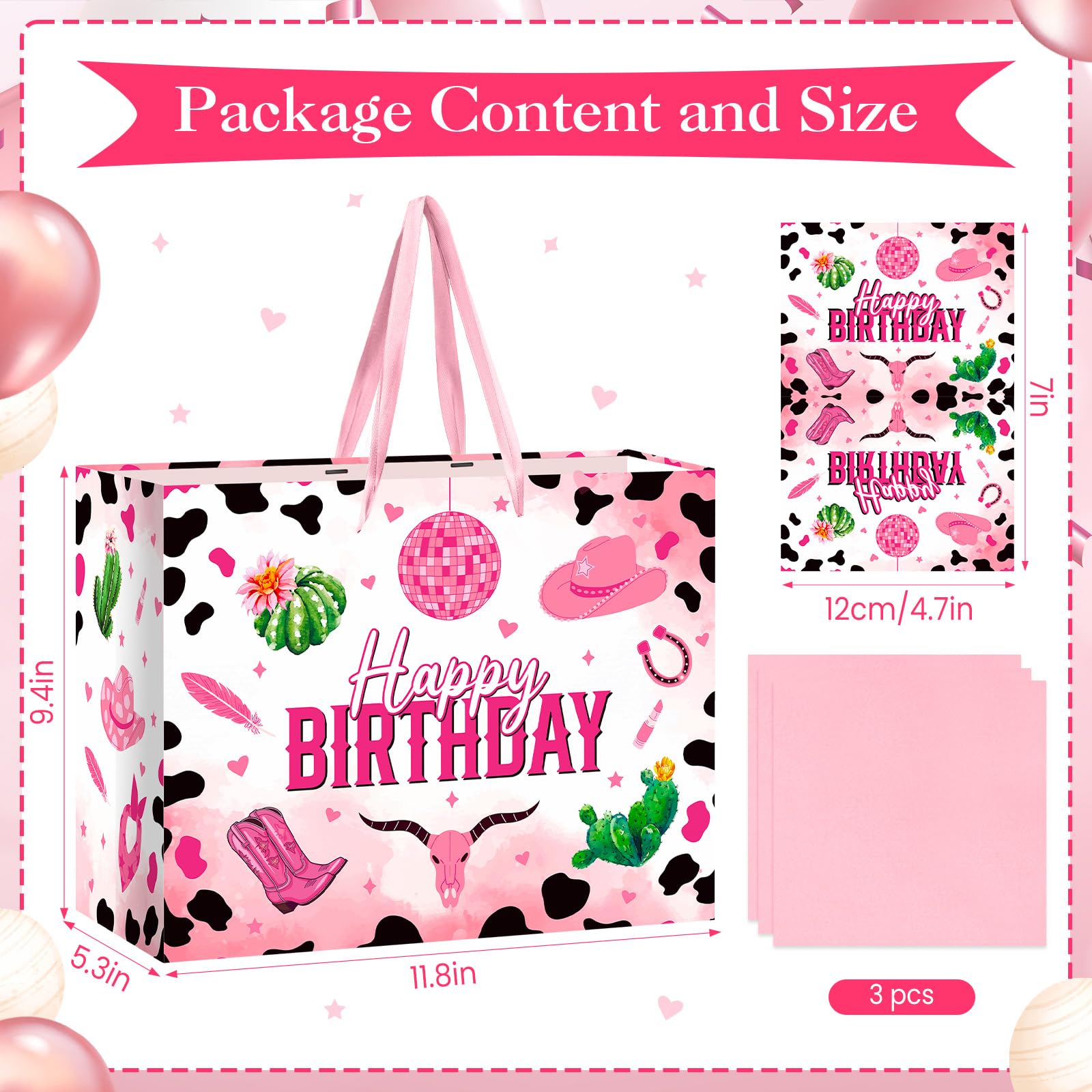 Pink Cowgirl Birthday Gift Bag, Large Western Happy Birthday Wrapping Paper Bags Decorations with Handles Greeting Card Tissue Paper Y2K Disco Wrap Bags for Party Favors Decor Girls Women Supplies