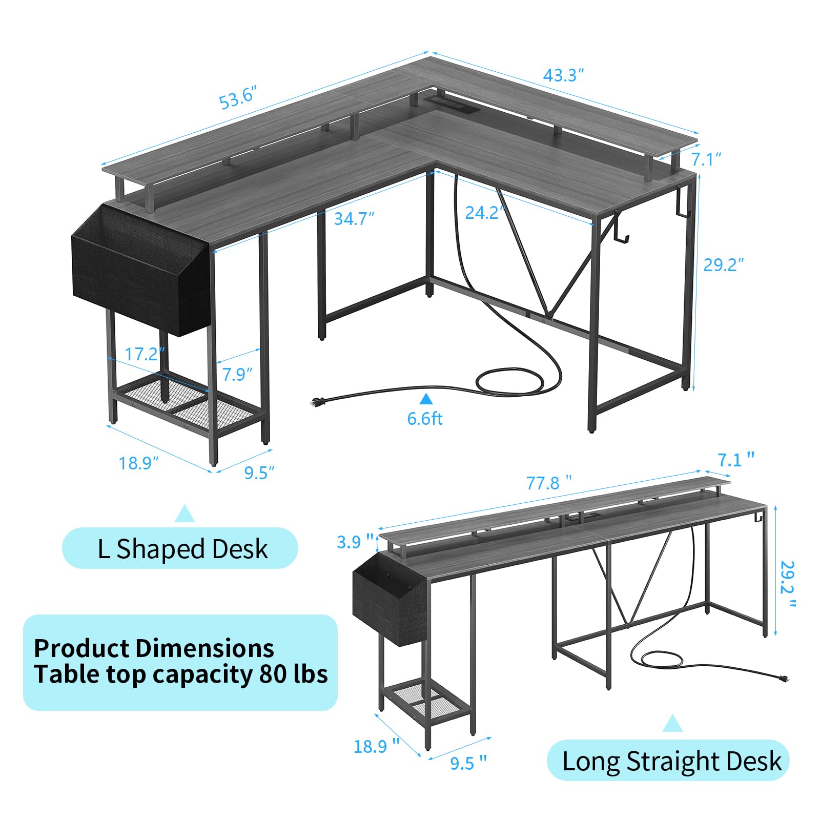 Eivanet 53inch L Shaped Desk,L Shaped Gaming Desk with Power Outlets & LED Lights, Computer Desk with Monitor Stand & Storage Bag, Home Office Desk Corner Desk with Hooks, Easy to Assemble, Grey