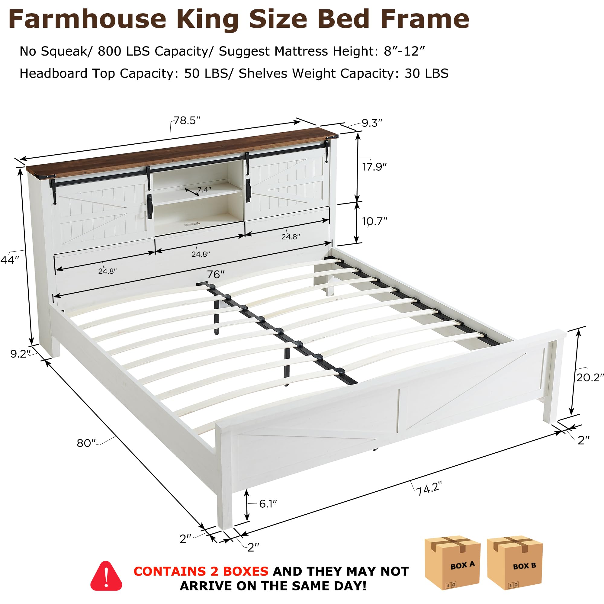 T4TREAM Farmhouse King Size Bed Frame w/Storage Bookcase Headboard, Sliding Barn Door, Charging Station, Rustic Wood Platform Bed w/Wood Slats Support, No Box Spring Needed, Antique White