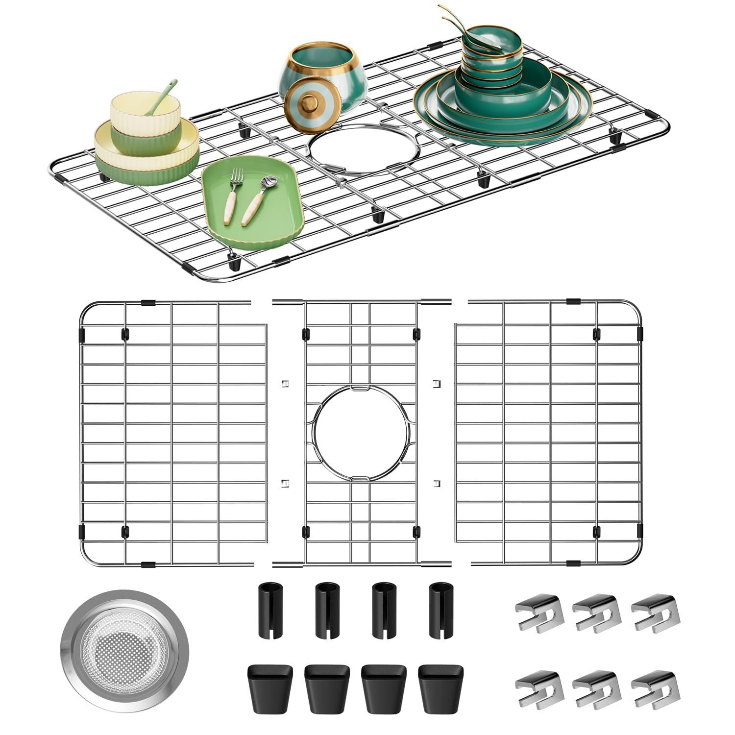 GEDLIRE Stainless Steel Sink Grate Protector for Bottom of Kitchen Sink, 28.5" x 15.5" Metal Kitchen Sink Grid with Centered Drain, Curve Corner Sink Rack with Sink Strainer for Single Sink Bowl