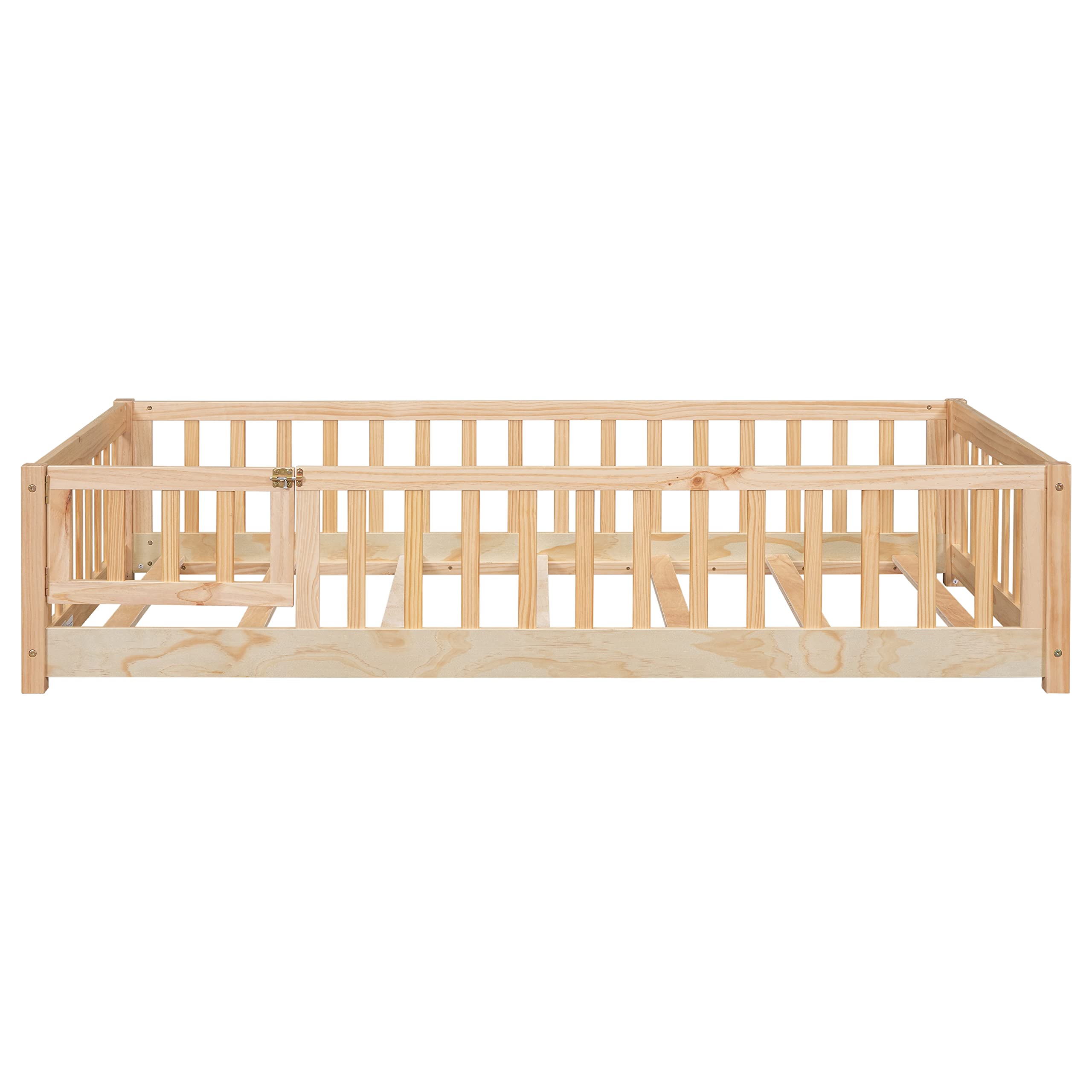 CITYLIGHT Twin Size Floor Bed with Rails and Door, Wood Montessori Floor Bed Twin Size with Support Slats, Kids Twin Bed Frame for Boys,Girls, Natural