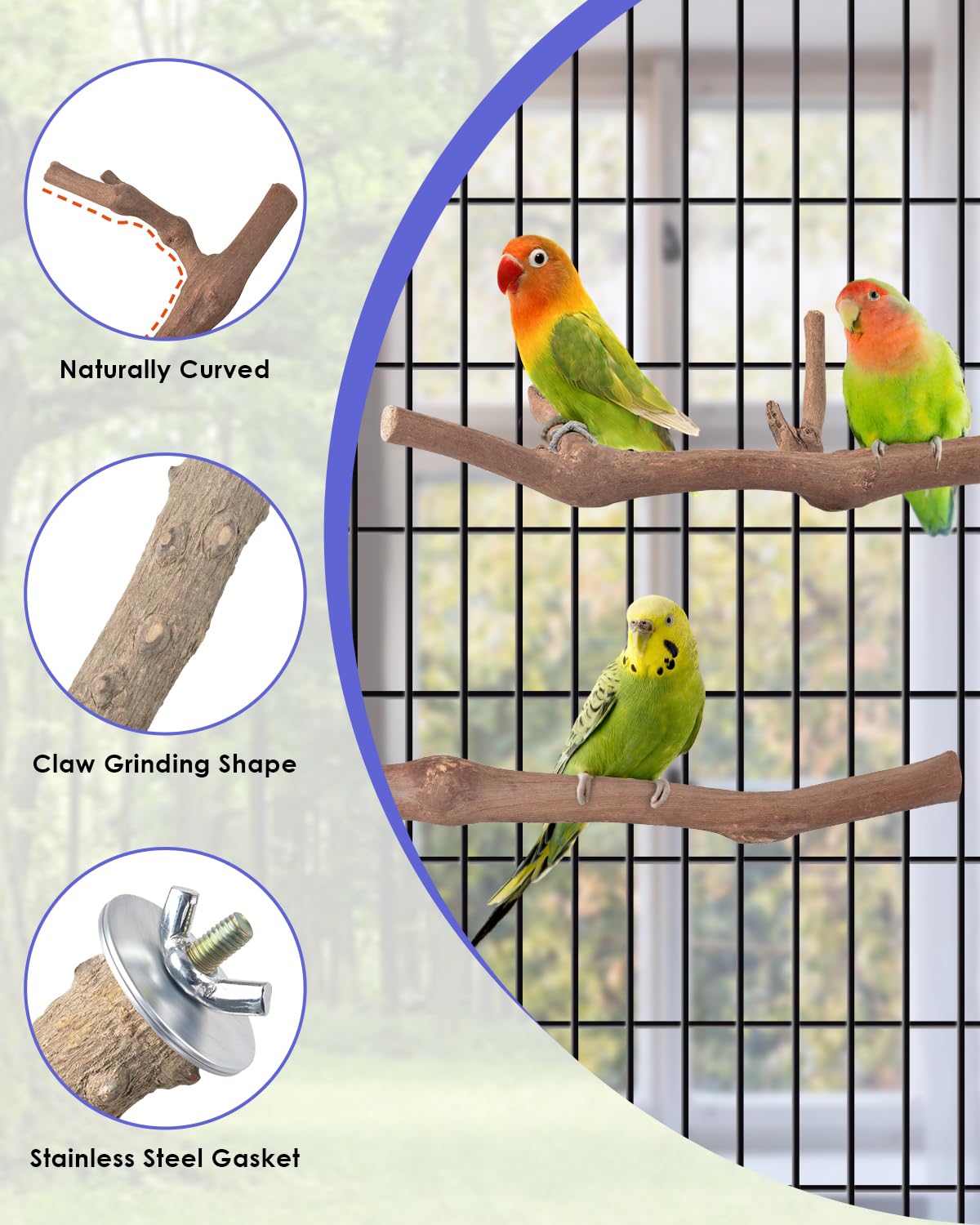 Bissap Bird Perch Stand 7PCS, Natural Grape Wood Pole Standing Parrot Cage Branch Paw Grinding Fork Parakeet Platform Hammock for Conures Budgies Finches Cockatiels Small Birds Exercise Training