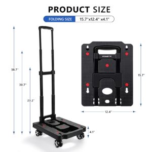 POWSTR Folding Hand Truck Dolly with 4 Rotate Wheels,120 LBS Luggage cart with 2 Elastic Ropes and Adjustable Handle, Portable Platform Truck for Moving,Travel, Shopping, House Office Use, Black