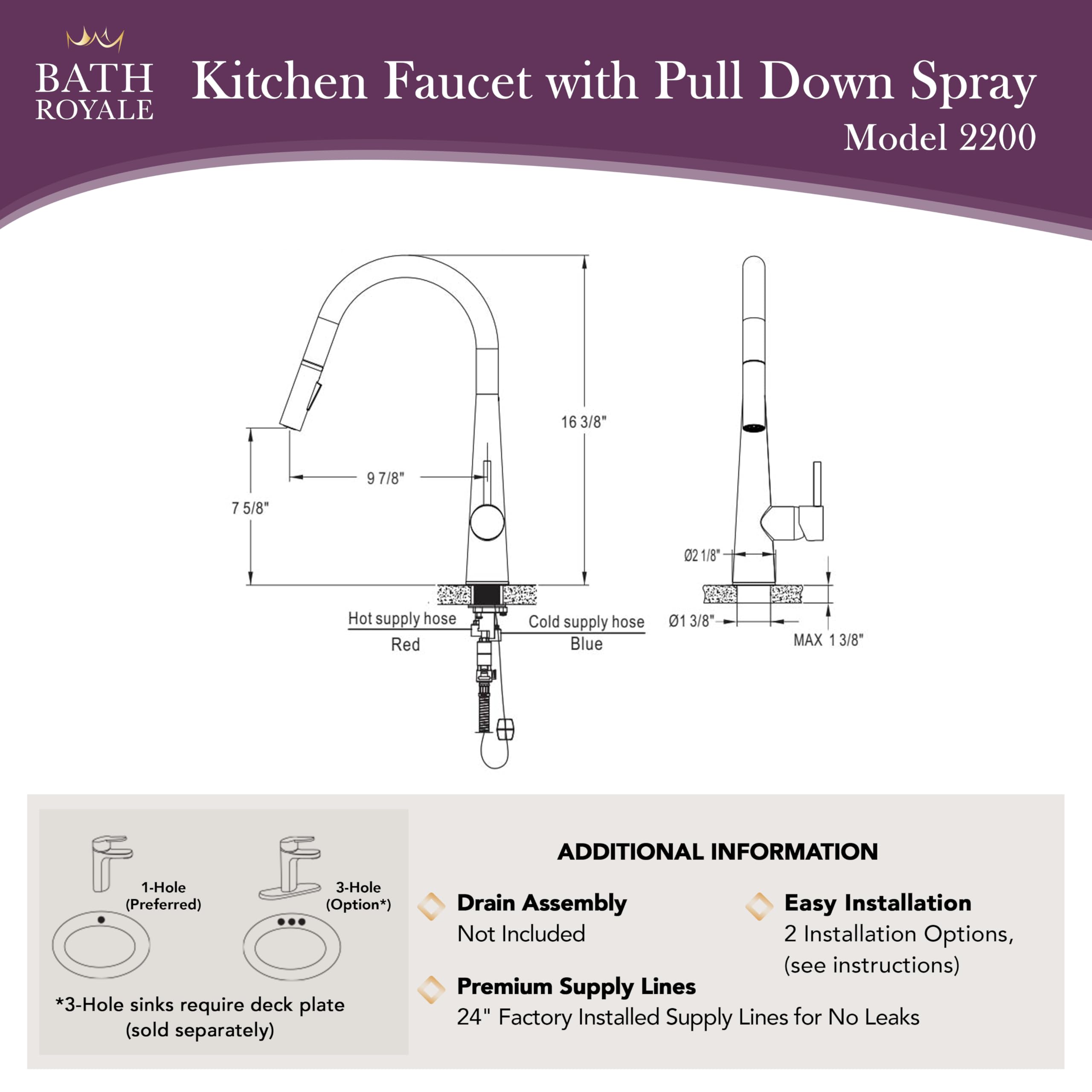 Bath Royale Modern Kitchen Faucet with Pull Out Spray - Single Control, All Metal, Stainless Steel