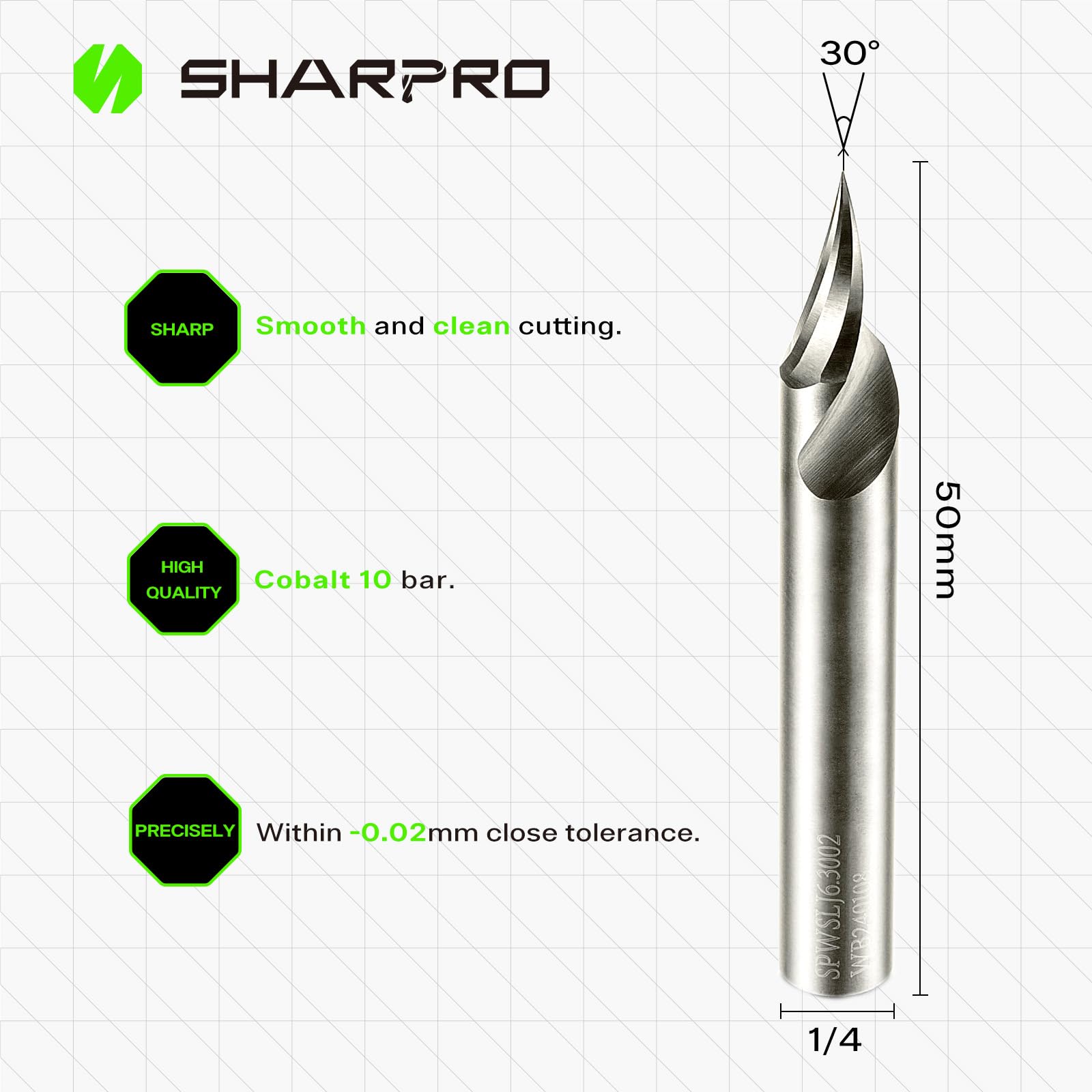 SHARPRO Chamfer End Mill V Groove O Flute Spiral Router Bit 30 Degree 1/4 Inch Shank CNC Carbide V-bit for Engraving and Chamfering Lettering, Ideal for Wood, Plywood, MDF, PVC and Acrylic