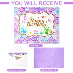 12.6" Mermaid Happy Birthday Gift Bag Set with Greeting Card and Tissue Papers for Girls, Women