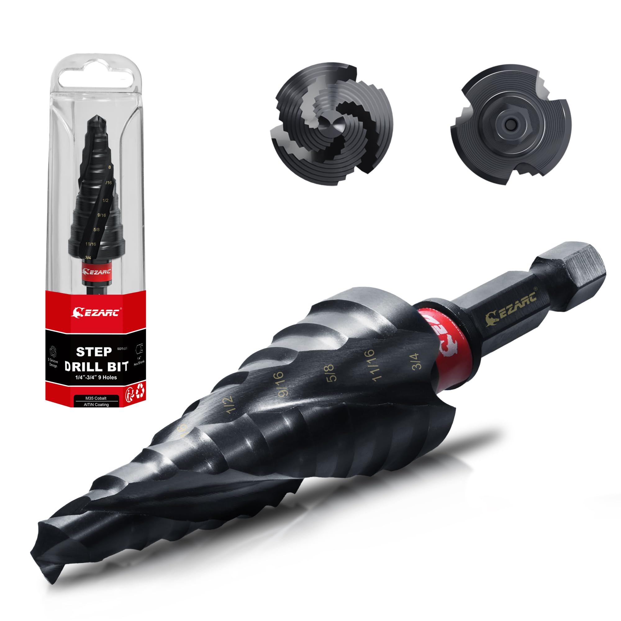 EZARC Step Drill Bit for Metal, M35 Cobalt Step Drill Spiral Flute Unibit Step Drill Bit (1/4''-3/4'') Wear-Resistant AlTiN Coated, 1/4" Hex Shank for Metal, Stainless Steel, Aluminum, Plastic