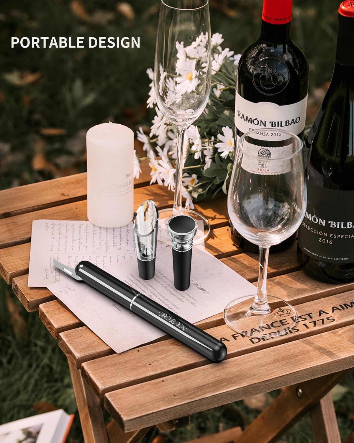 CIRCLE JOY Air Pump Wine Bottle Opener Set, Efficient Cork Remover With Foil Knife, Wine Pourer, Vacuum Stopper, Portable Mini Corkscrew Wine Opener for Home Travel Outdoor, Present for Wine Lovers