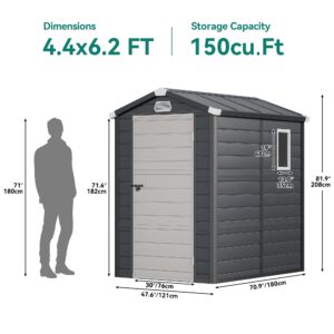 YITAHOME 4.4x6.2FT Outdoor Resin Storage Shed w/o Floor, All-Weather Plastic Shed with Lockable Doors, Window & Vents, Plastic Tool Shed for Backyard, Patio, Poolside, Lawn, Gray