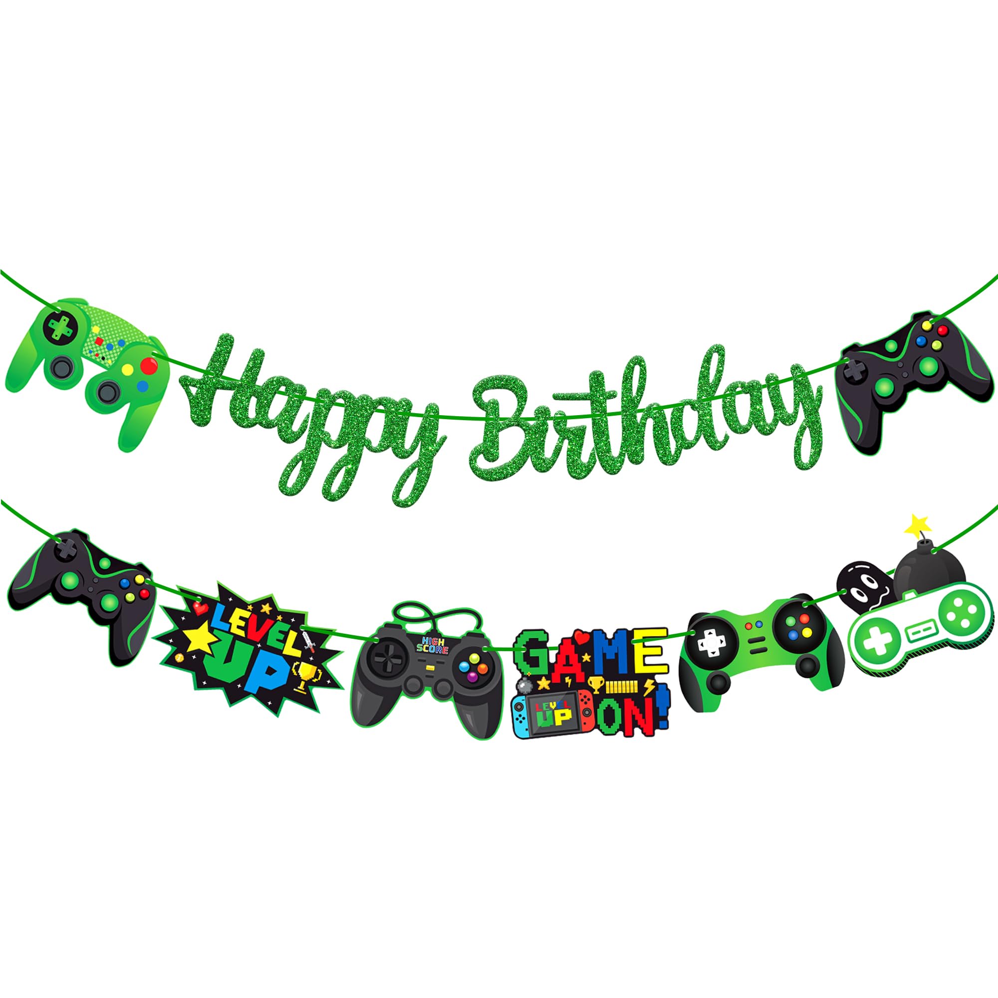 Video Game Birthday Banners Gamer Birthday Party Decorations 3Pcs Game on Party Decorations Gaming Happy Birthday Banner Green for Game Theme Baby Shower Supplies