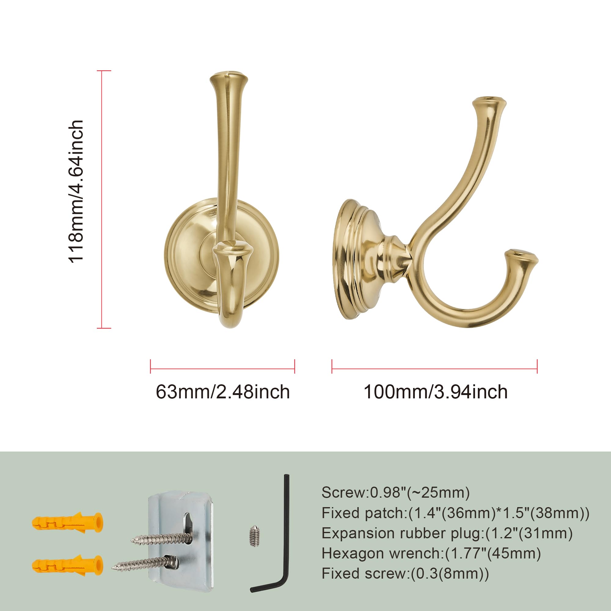 TUNNY Towel Hook Bathroom-2 Pack Champagne Gold Brushed Double Robe/Towel Hook Wall Mounted Hook for Bathroom Bedroom Kitchen