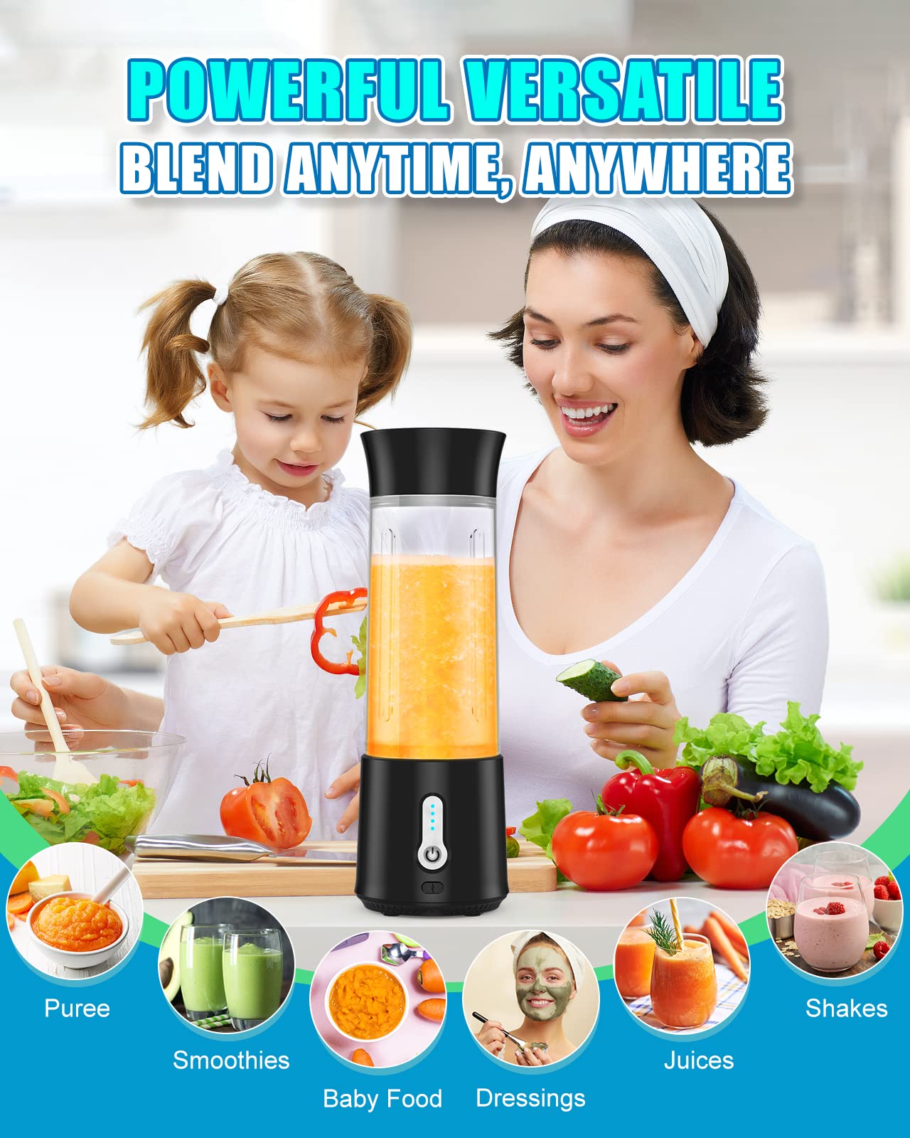 Portable Blender Shakes and Smoothies,17 Oz Personal Size Blenders Ultra Sharp 6 Blades Portable Blender,USB Rechargeable Personal Blender with BPA Free,Mini Blender Sports/Travel/Home/Gym, Black