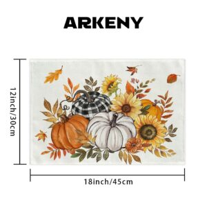 ARKENY Fall Placemats 12x18 Inches Set of 4, Pumpkin Maple Leaf Orange Autumn Seasonal Farmhouse Burlap Indoor Outdoor Table Mats Decorations for Home Party AP633-4