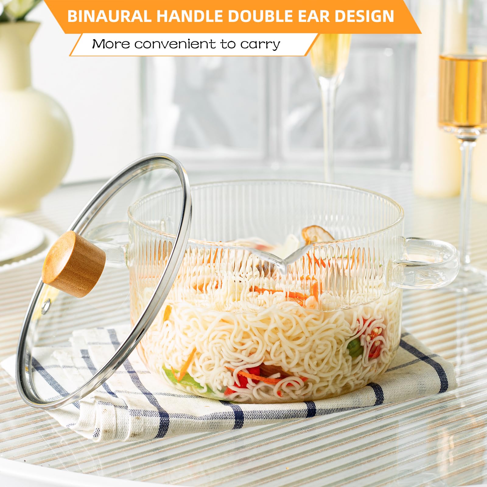 2 Pcs Clear Pots for Cooking, Glass Simmer Pot, Heat Resistant Clear 1.8 & 2.3 L Glass Saucepan with Cover Handle, Glass Cookware Glass Stovetop Pot and Pan with Lid for Pasta Salad Noodle