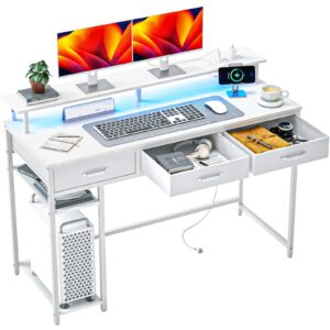 wasagun computer desk with drawers and storage shelves, home office desk with led lights & power outlets, gaming desk with monitor stand, writing study desk, kids small desk for bedroom, white