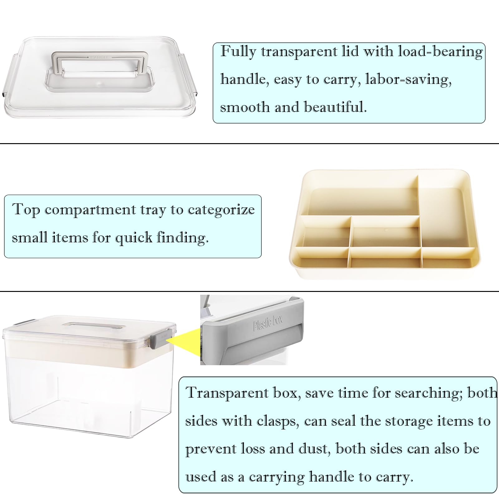 13-Inch Arts and Crafts Organizer Storage with Removable Plastic Storage Boxes Bin with Handle Container Latching Organization for Legos,Stationery,Beads,Playdoh Supplies Clear white