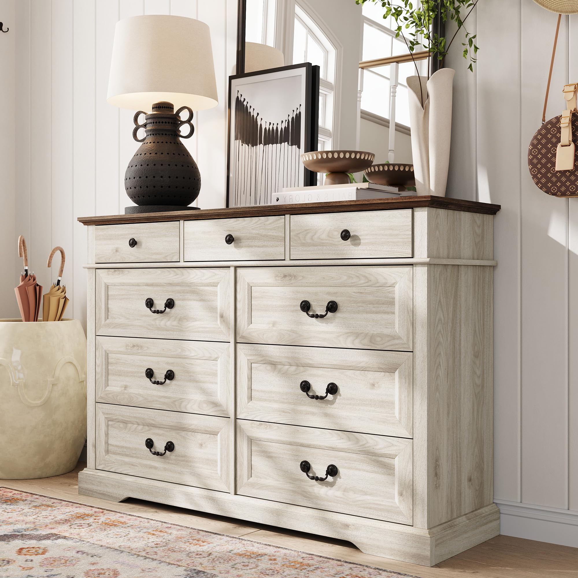 LINSY HOME 9 Drawers Dresser for Bedroom, Wood Bedroom Dresser Farmhouse Drawer Chest, Tall Dresser for Closet, Dressers Organizer for Living Room, Closet, Hallway, Beige