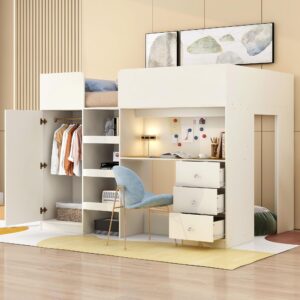 Wood Full Size Loft Bed with Built-in Wardrobe, Desk, Storage Shelves and Drawers,for Kids Teens Adults Bedroom