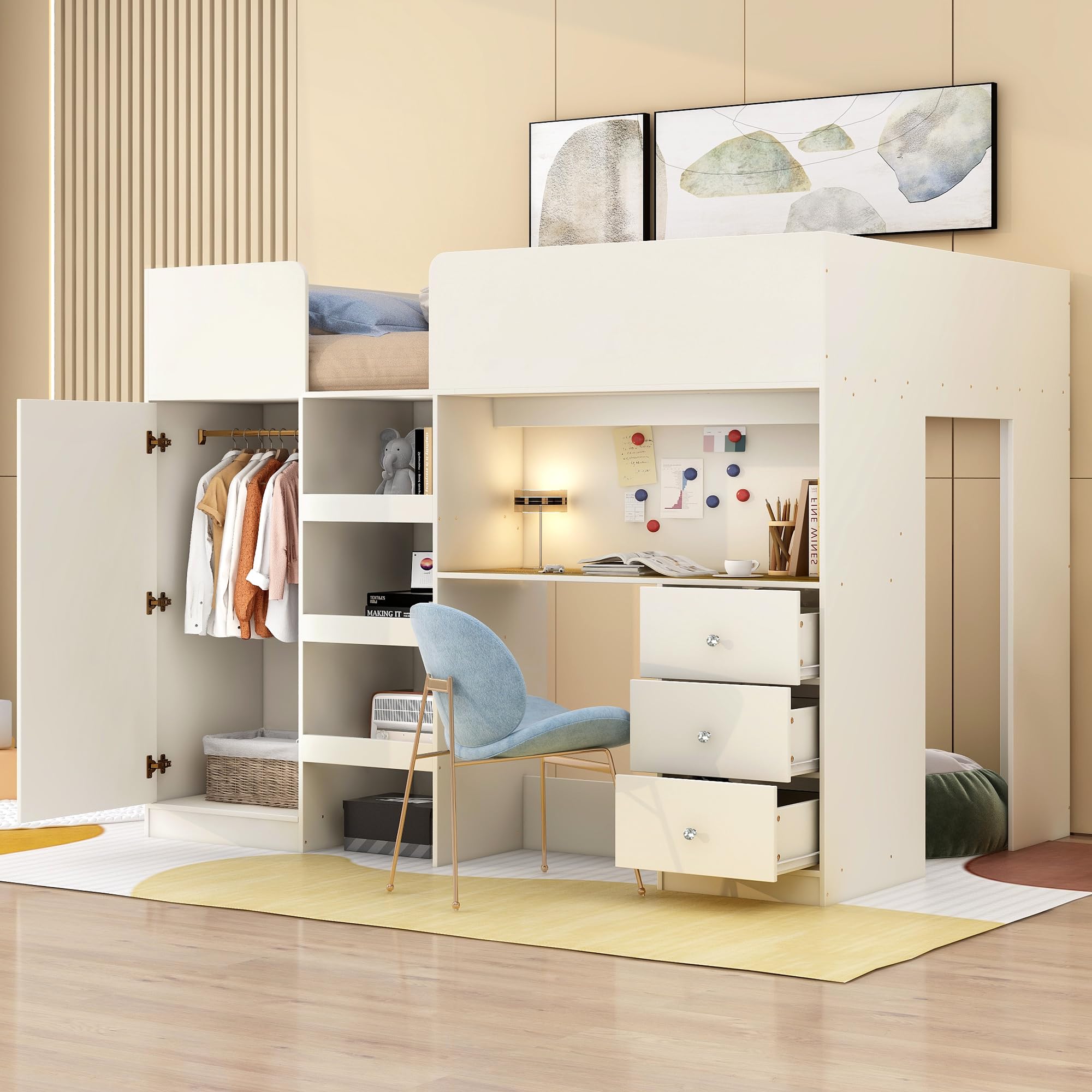 Wood Full Size Loft Bed with Built-in Wardrobe, Desk, Storage Shelves and Drawers,for Kids Teens Adults Bedroom