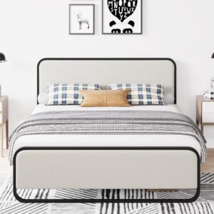 homhougo queen size bed frame with upholstered headboard and footboard,10.3'' underbed space, curved design, strong slats support, box spring optional, beige