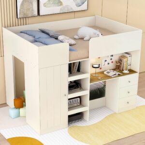 Wood Full Size Loft Bed with Built-in Wardrobe, Desk, Storage Shelves and Drawers,for Kids Teens Adults Bedroom