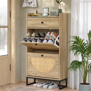 furomate shoe rack storage organizer with 2 natural semi-circular rattan doors and drawer space, entryway shoe cabinet for sneakers, leather shoes, high heels, slippers entryway furniture