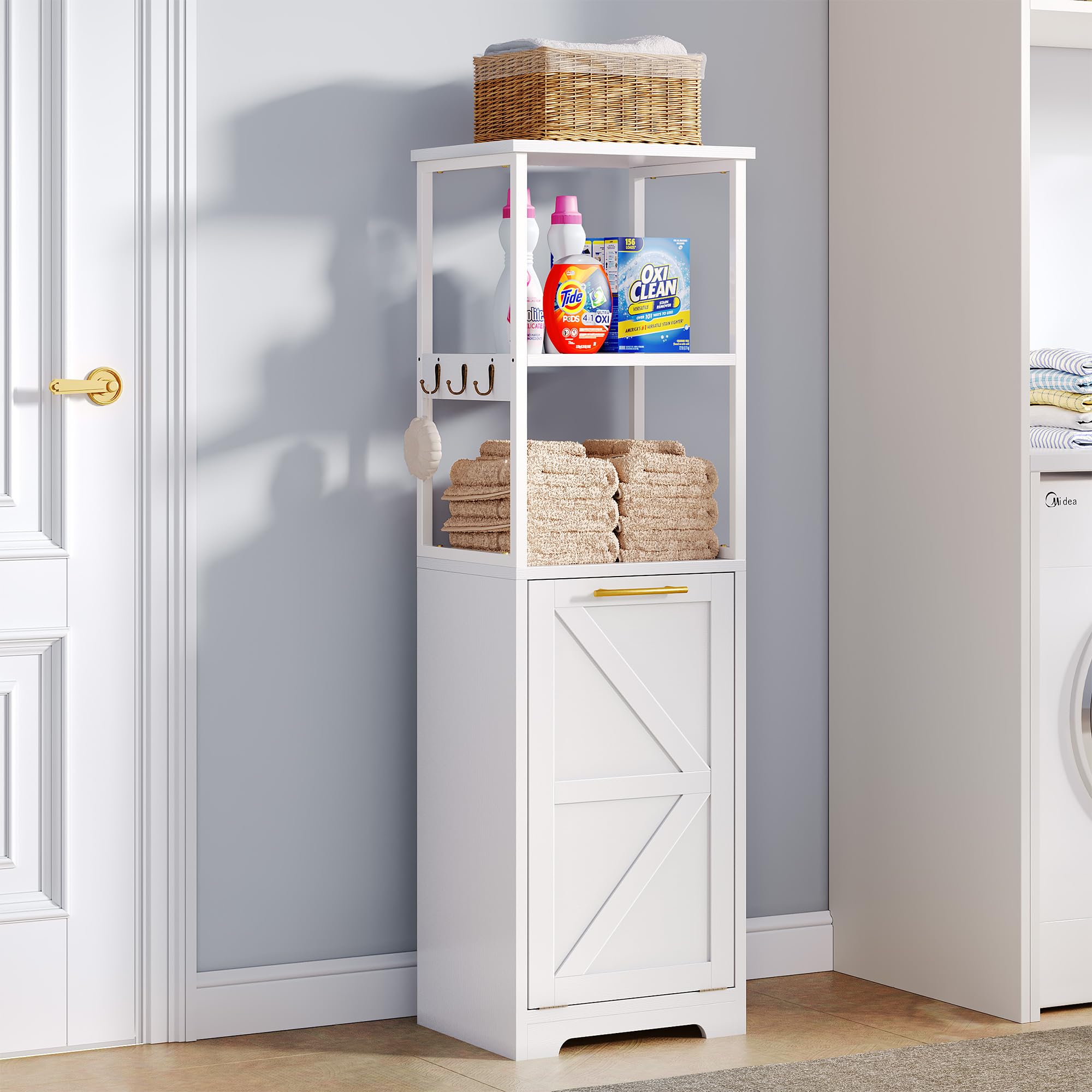 DWVO Tilt Out Laundry Hamper, Hidden Laundry Hamper Cabinet and 3-Tier Storage Shelves with Removable Laundry Basket 53" Tall Bathroom Storage Organizer for Sleeping Room, Laundry Room, White