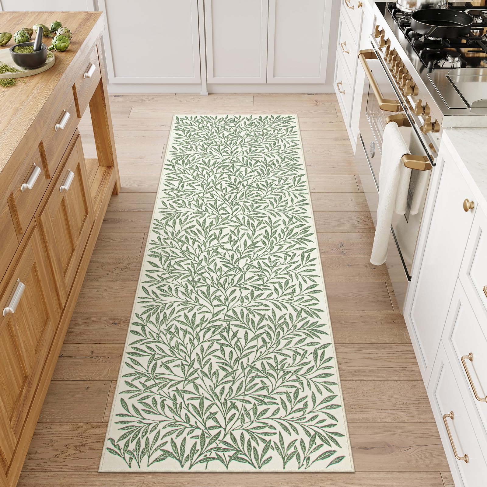 Lahome Botanical Boho Runner Rug, Soft Green Kitchen Runner Rugs Non Skid, Washable Leaf Carpet Runner for Hallway 8ft, Non Shedding Modern Rug for Entryway Porch (2'5''x8', Green)