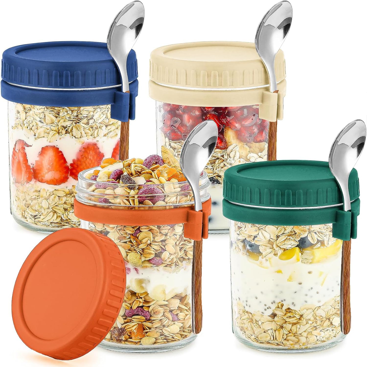 Vaootop 4-pack 16 oz Overnight Oats Containers with Lids and Spoons, Glass jars with Airtight Lids, Wide mouth Mason Salad jars, Glass Food Storage Containers for Snacks Yogurt Spice Sugar