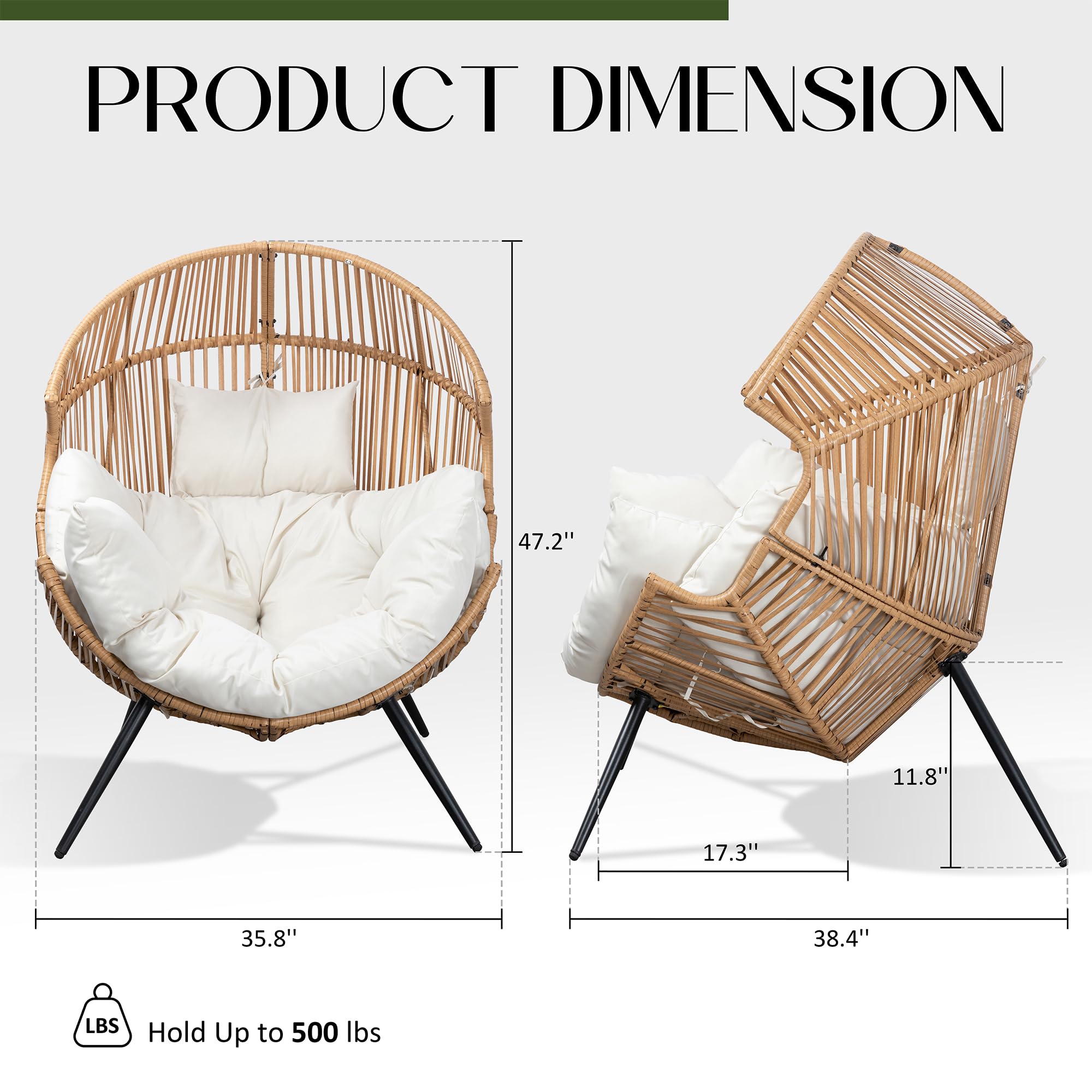 JAMFLY Egg Chair Outdoor Wicker Patio Chair, Oversized Lounger Chair with Cushion Egg Basket Chair for Indoor Living Room Bedroom Outside Patio Backyard Balcony