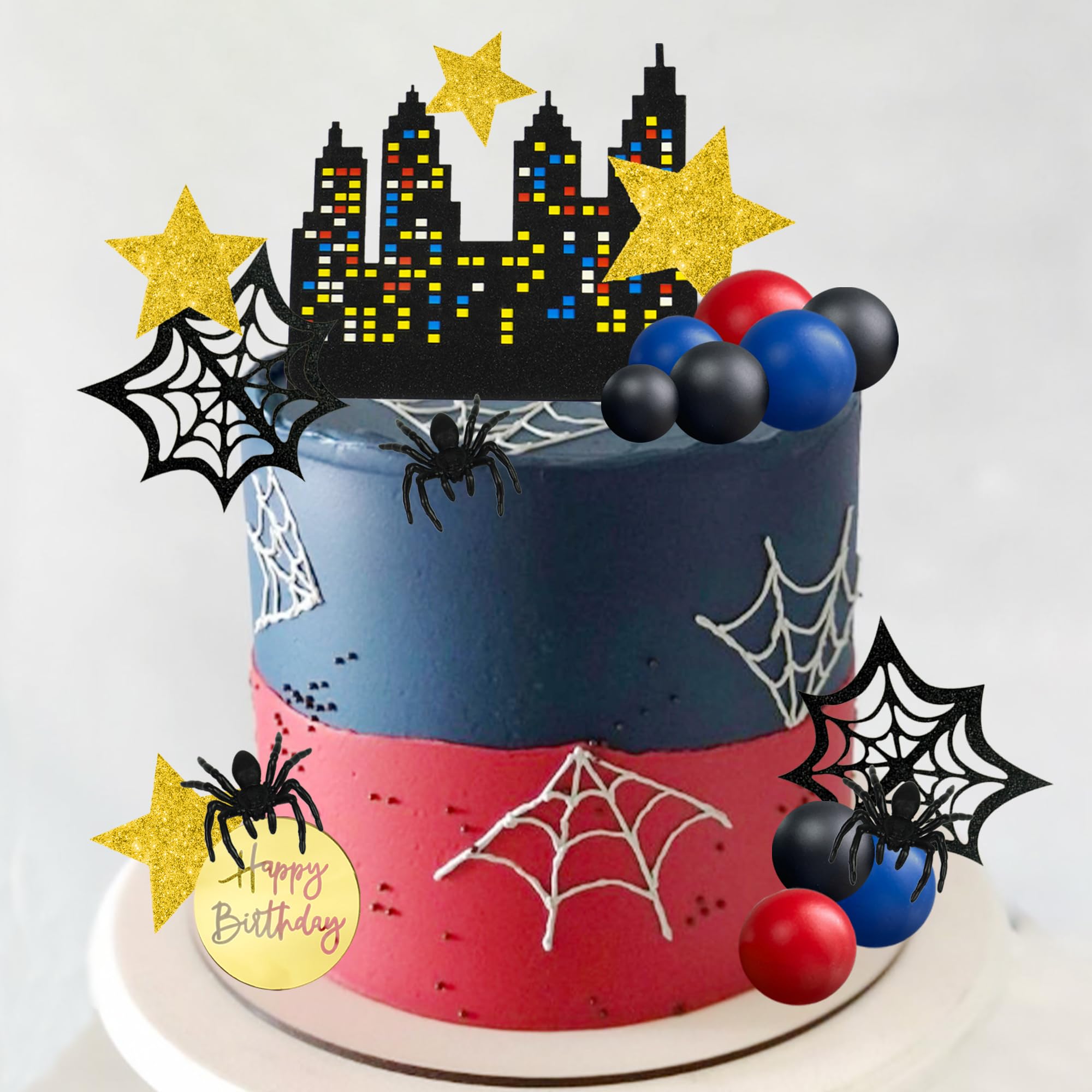 DRWATE Spider Cake Topper with Black Red and Blue Balls Spiders Webs Stars City for Boys Men Birthday Party Baby Shower Supplies (City)