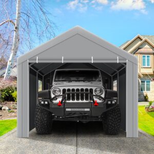 COBIZI Carports 10x20 Heavy Duty Car Canopy Garage with Roll-Up Ventilation Windows & Doors, Removable Sidewalls Portable Carport Canopy Waterproof with Built-in Sandbags for Cars, Boats, Trucks, Gray