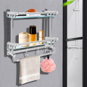 DAERNA Floating Shelves with Towel Rack, Wall Mounted Hanging Bathroom Shelves Over Toilet, No Drilling Stainless Shower Shelves, Corner Wall Shelf for Bedroom Organizers Kitchen Storage