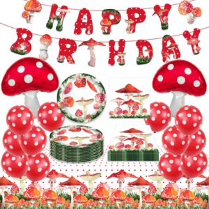 44 pcs mushroom birthday party decorations, mushroom party favors supplies mushroom birthday banner mushroom balloons mushroom tablecloth mushroom plates and napkins for kids boys girls baby shower