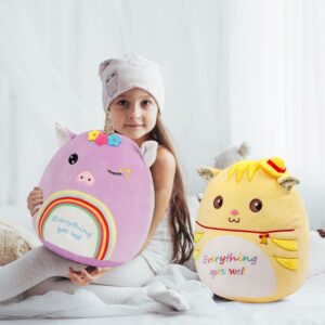 Easfan 14 Unicorn Rainbow Plush Pillow Get Well Stuffed Animals, Cuddly Soft Toy with Blink Eyes Flower Wreath, Everything Goes Well Gifts for Kids Toddlers Girls Boys, Purple