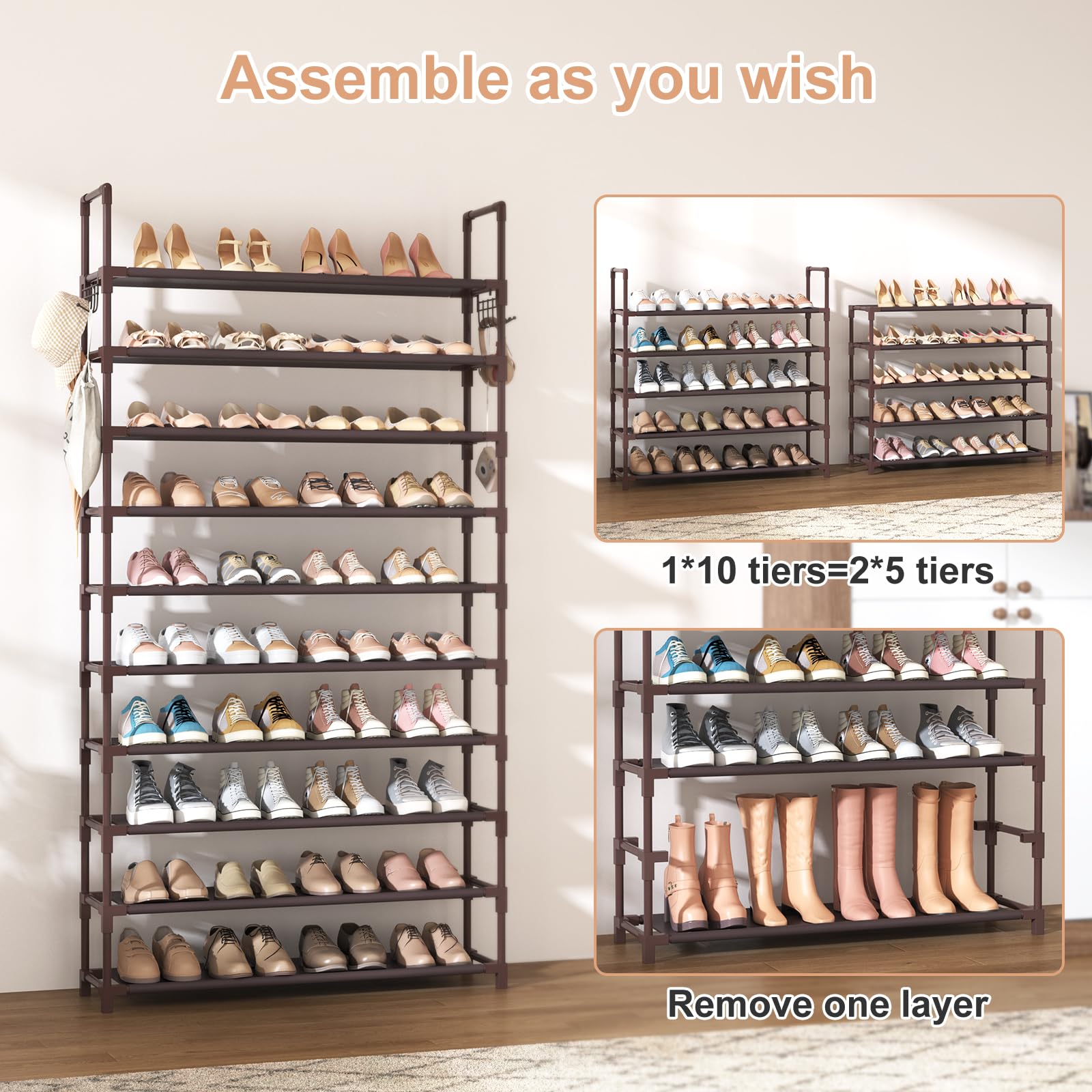 VTRIN 10 Tiers Shoe Rack Tall Large Capacity 50 Pairs Wide Shoe Organizer Sturdy Shoe Shelf for Entryway with Two Hooks Metal Shoe Storage for Closet, Bedroom, Brown