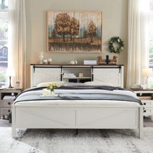 T4TREAM Farmhouse King Size Bed Frame w/Storage Bookcase Headboard, Sliding Barn Door, Charging Station, Rustic Wood Platform Bed w/Wood Slats Support, No Box Spring Needed, Antique White