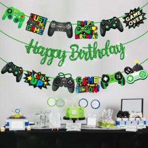 Video Game Birthday Banners Gamer Birthday Party Decorations 3Pcs Game on Party Decorations Gaming Happy Birthday Banner Green for Game Theme Baby Shower Supplies