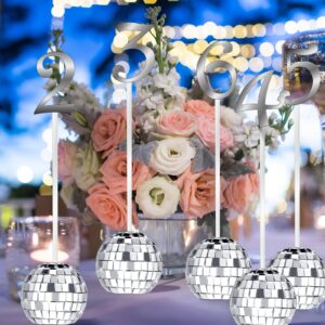 YLOLUL Wedding Table Numbers 1-30 Silver Disco Ball Table Number Holders for Wedding Reception Seat Table Numbers Stands for Wedding Birthday Event Party Decoration(Silver)