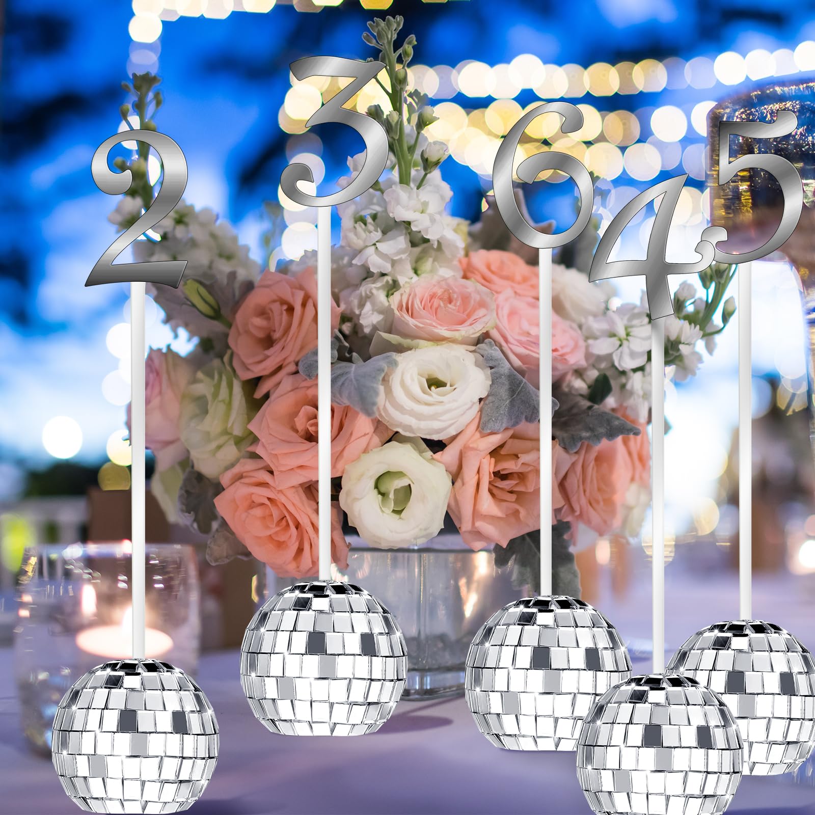 YLOLUL Wedding Table Numbers 1-30 Silver Disco Ball Table Number Holders for Wedding Reception Seat Table Numbers Stands for Wedding Birthday Event Party Decoration(Silver)