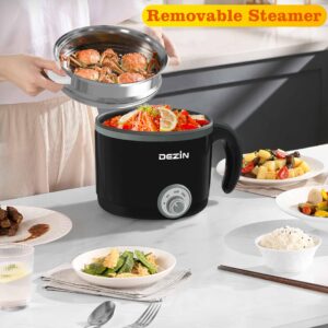 Dezin Hot Pot Electric with Steamer, 1.5L Rapid Noodles Cooker, Non-Stick Electric Pot Perfect for Ramen, Egg, Pasta, Dumplings, Soup, Porridge, Oatmeal, Portable Cooking Pot with Power Adjustment