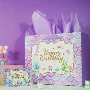 12.6" Mermaid Happy Birthday Gift Bag Set with Greeting Card and Tissue Papers for Girls, Women